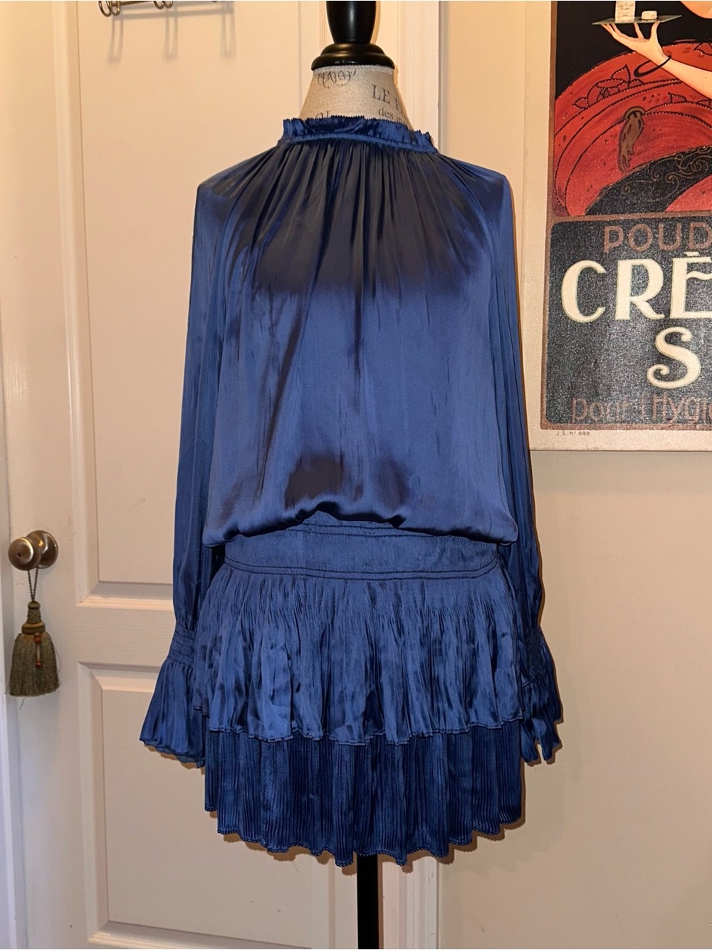 Current Air Navy Satin Long-Sleeve Tiered Mini Dress